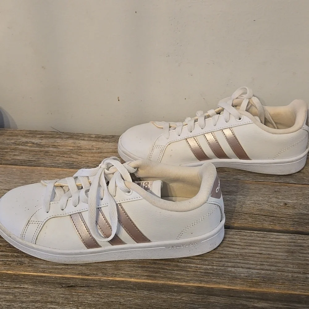 Adidas White And Rose Gold Striped Sneakers